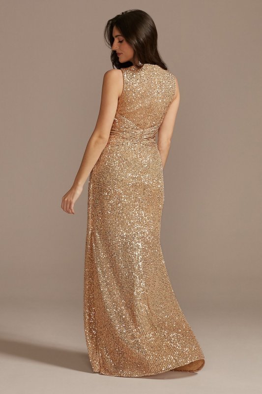 V-Neck Sequin Sheath Gown with Knot Detail WBM2545