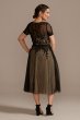 Net Tea-Length Dress with Short Sleeves Oleg Cassini WBM2560