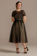 Net Tea-Length Dress with Short Sleeves Oleg Cassini WBM2560