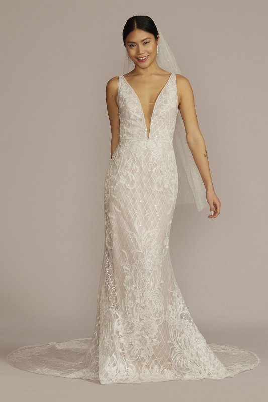 Lattice Beaded Applique Sheath Tall Wedding Dress Galina Signature 4XLSWG939