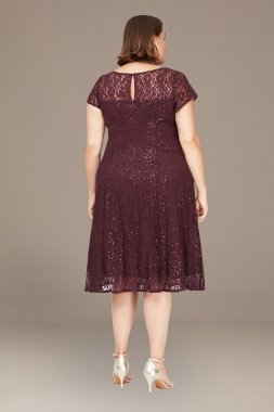 Plus Size Tea Length Illusion Sequin Lace A-Line SL Fashions 9419129