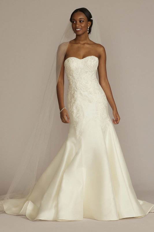 Strapless Drop Waist Lace and Mikado Wedding Dress Oleg Cassini CWG934