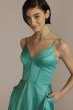 V-Neck Satin A-Line Gown with Corset Bodice Jules and Cleo D24NY22012