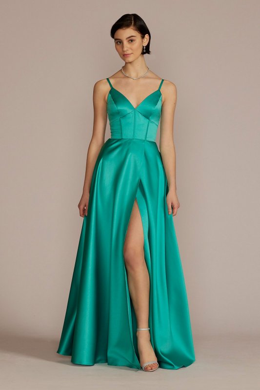 V-Neck Satin A-Line Gown with Corset Bodice Jules and Cleo D24NY22012