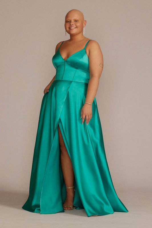 Plus V-Neck Satin A-Line Gown with Corset Bodice Jules and Cleo D24NY22012W