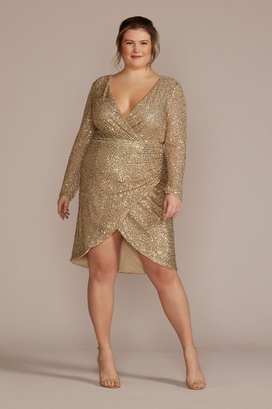 Plus Size Long Sleeve Sequin Wrap Style Dress DB Studio D39NY22273W