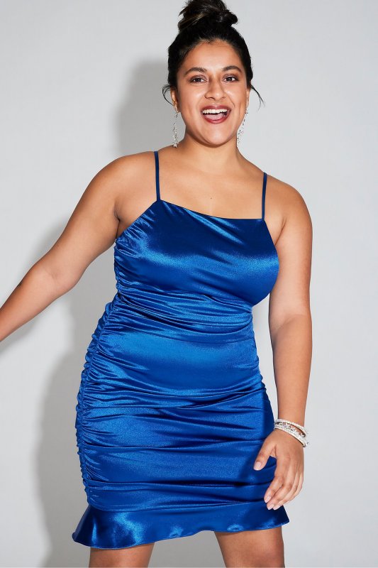 Plus Size Ruched Satin Mini Dress with Ruffled Hem Jules and Cleo WBM2912W