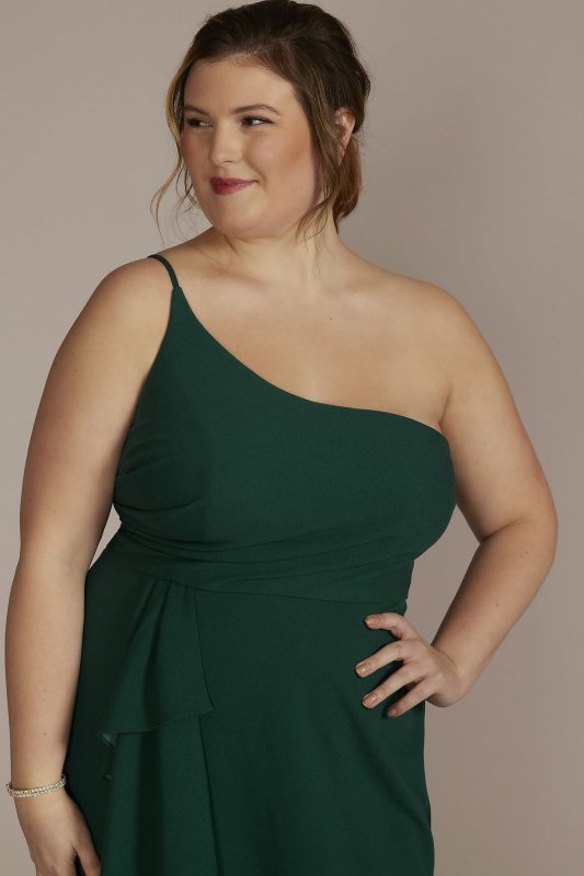 Plus Size One-Shoulder Crepe Sheath with Cascade DB Studio WBM3009V3W