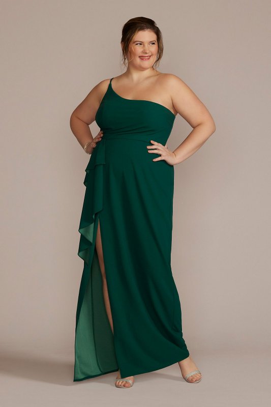 Plus Size One-Shoulder Crepe Sheath with Cascade DB Studio WBM3009V3W