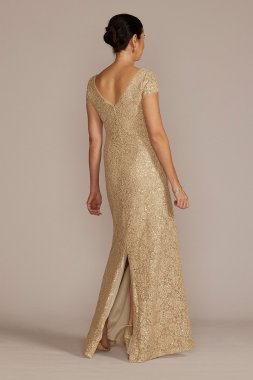 Short Sleeve Sequin Lace Sheath Gown Oleg Cassini WBM3124