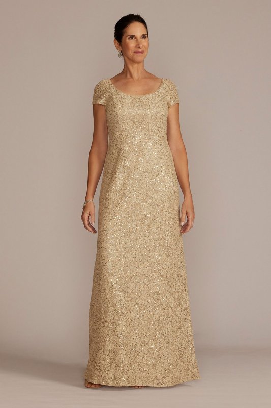 Short Sleeve Sequin Lace Sheath Gown Oleg Cassini WBM3124