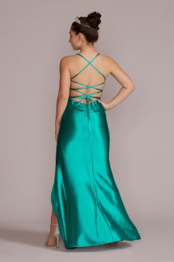 Stretch Satin Scoop Neck Sheath with Slit Jules and Cleo WBM2891