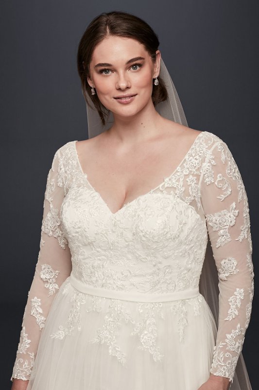 V-Neck Long Sleeve Wedding Dress With Low Back David's Bridal Collection 4XL9WG3831