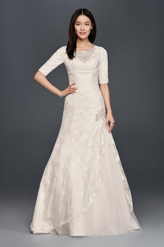 Scoop Neck Beaded Wedding Dress with 3/4 Sleeves David's Bridal Collection 4XLSLYP3344