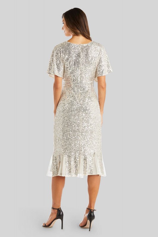 Allover Sequin Wrap Midi Wedding Dress with Godets RM Richards 5922