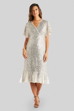 Allover Sequin Wrap Midi Wedding Dress with Godets RM Richards 5922