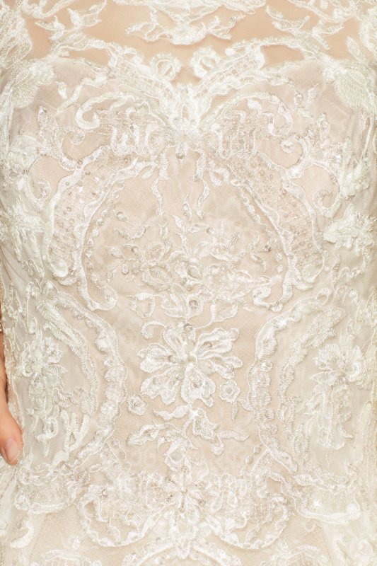 Long Sleeve Beaded Lace Petite Wedding Dress Oleg Cassini 7SLCWG780