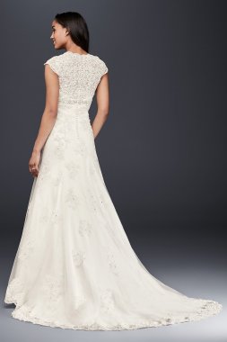 Petite Lace Satin Wedding Dress with Cap Sleeves David's Bridal Collection 7T3299