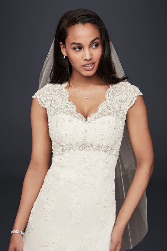 Petite Lace Satin Wedding Dress with Cap Sleeves David's Bridal Collection 7T3299