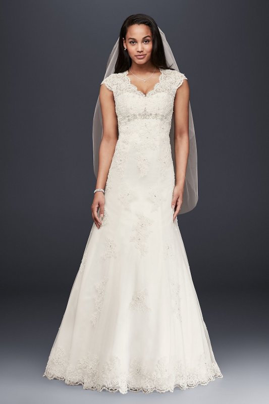 Petite Lace Satin Wedding Dress with Cap Sleeves David's Bridal Collection 7T3299