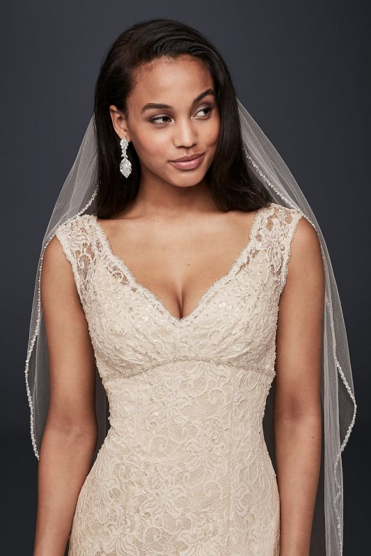 Petite Beaded Lace Wedding Dress with Cap Sleeves David's Bridal Collection 7T9612