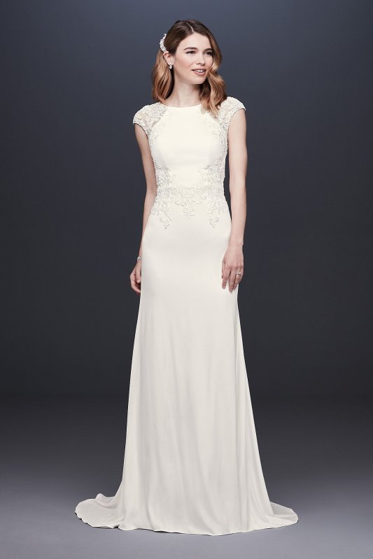 Cap Sleeve Crepe Petite Sheath Wedding Dress David's Bridal Collection 7WG3939