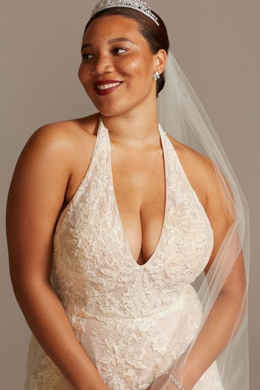 Beaded Lace Halter A-line Plus Size Wedding Dress Oleg Cassini 8CWG848