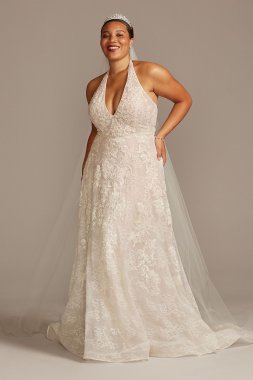 Beaded Lace Halter A-line Plus Size Wedding Dress Oleg Cassini 8CWG848