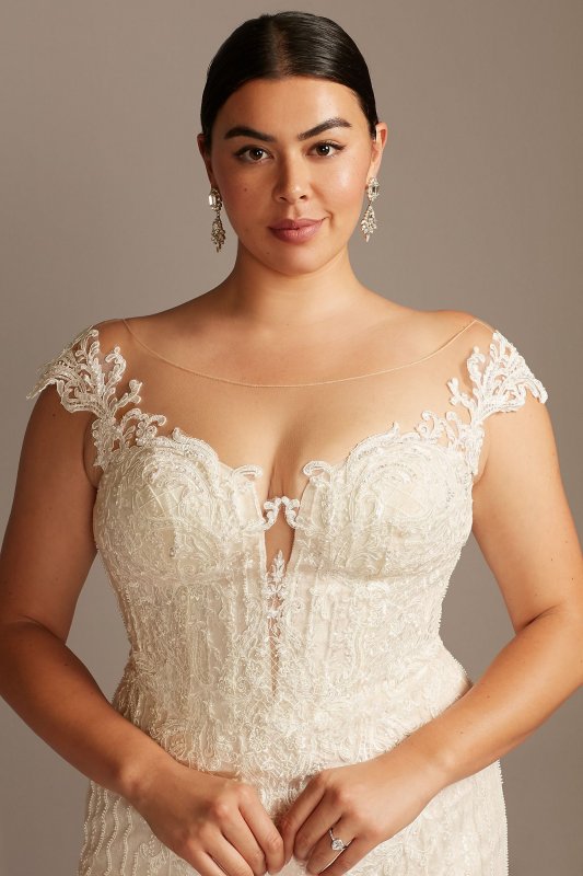 Linear Beaded Applique Plus Size Wedding Dress Oleg Cassini 8CWG849