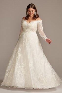 Shimmer Lace Applique Plus Size Wedding Dress Oleg Cassini 8CWG853