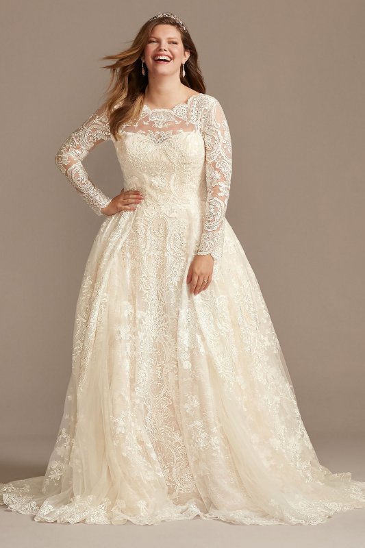 Long Sleeve Beaded Lace Plus Size Wedding Dress Oleg Cassini 8SLCWG780