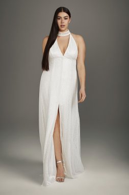 High Slit Sequin Plus Size Gown With Choker Neck White by Vera Wang 8VW351524