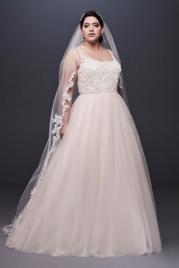 Lace and Tulle Plus Size Wedding Dress with Ribbon David's Bridal Collection 9NTWG3905