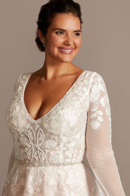 Illusion Sleeve Plunging Plus Size Wedding Dress Galina Signature 9SWG820