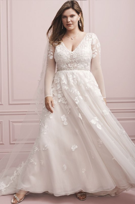 Illusion Sleeve Plunging Plus Size Wedding Dress Galina Signature 9SWG820