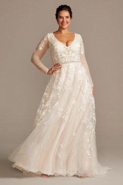 Illusion Sleeve Plunging Plus Size Wedding Dress Galina Signature 9SWG820