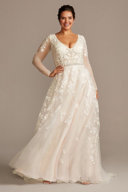 Illusion Sleeve Plunging Plus Size Wedding Dress Galina Signature 9SWG820