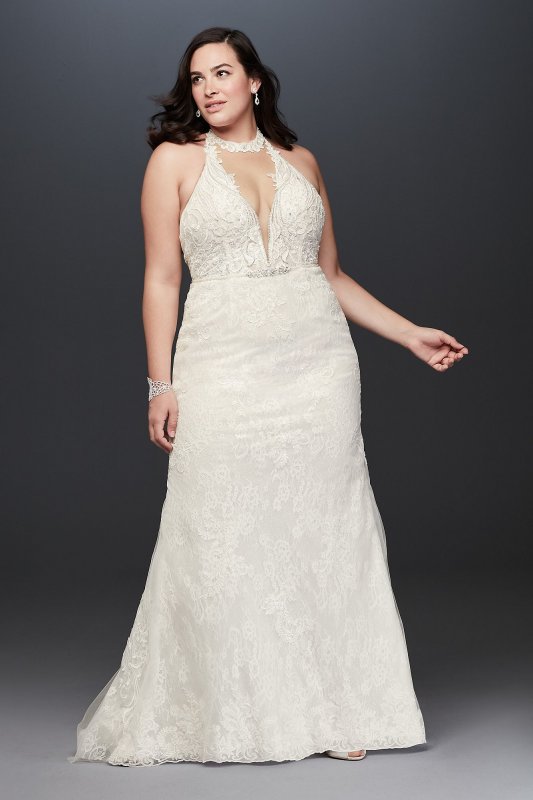 Plunge Neckline Halter Plus Size Wedding Dress Galina Signature 9SWG825