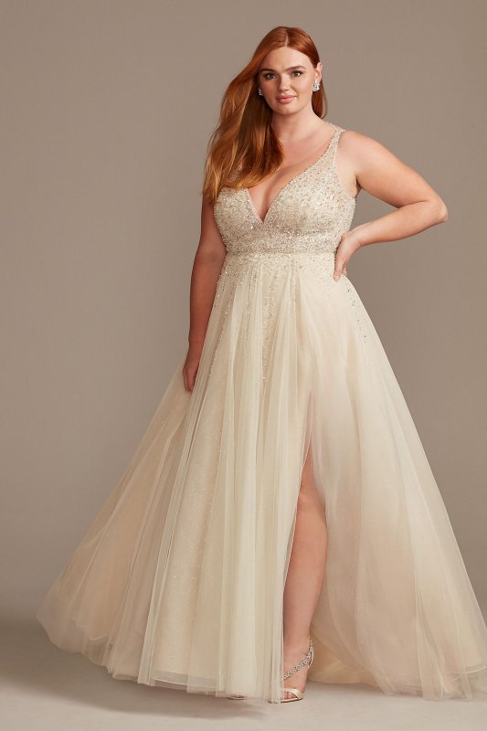 Beaded Plunging-V Illusion Plus Size Wedding Dress Galina Signature 9SWG837