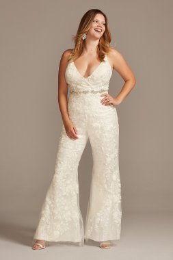 Floral Overlay Plus Size Flare Wedding Jumpsuit Galina Signature 9SWG839