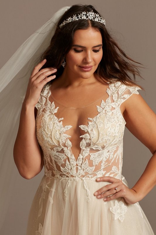 Cap Sleeve Lace Appliqued Plus Size Wedding Dress Galina Signature 9SWG862