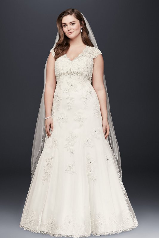 Cap Sleeve Lace Over Satin Plus Size Wedding Dress David's Bridal Collection 9T3299