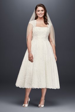 Tea-Length Plus Size Wedding Dress with Shrug David's Bridal Collection 9T9948