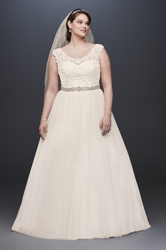 Tulle Plus Size Wedding Dress with Lace Cap Sleeve David's Bridal Collection 9WG3741