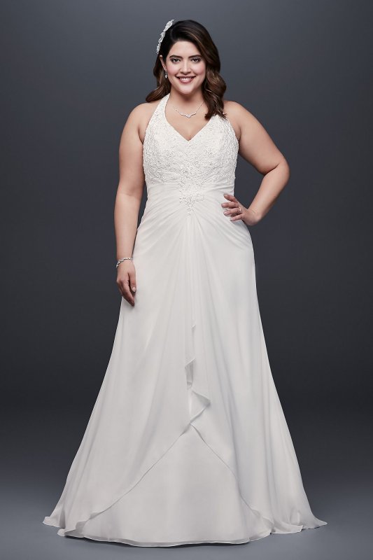 Chiffon Halter A-Line Plus Size Wedding Dress David's Bridal Collection 9WG3918