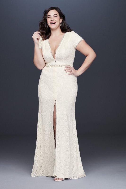 Illusion V-Neck Cap Sleeve Plus Size Wedding Dress Galina 9WG3951