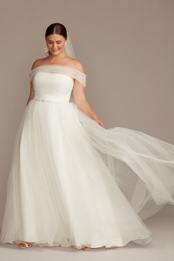 Off Shoulder Pleated Tulle Plus Size Wedding Dress David's Bridal Collection 9WG3976