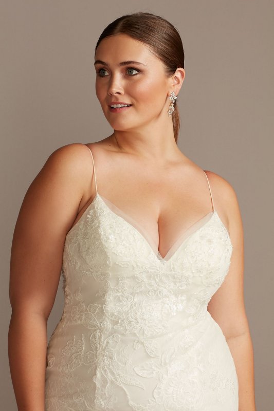 Floral Applique Spaghetti Plus Size Wedding Dress David's Bridal Collection 9WG3981