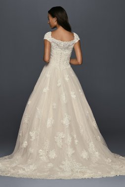 Cap Sleeve Lace Wedding Ball Gown with Beading Oleg Cassini CWG768