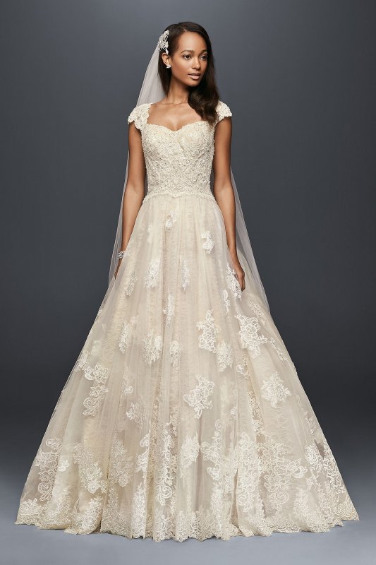 Cap Sleeve Lace Wedding Ball Gown with Beading Oleg Cassini CWG768